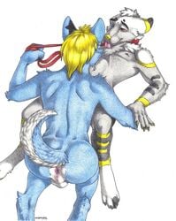 anthro anus ass balls blonde_hair blue_fur bondage canine collar corgi couple_(disambiguation) domination duo fur furry hair hybrid kink leash mammal muscular raised_tail sinistervibe submissive tongue tongue_out traditional_media_(artwork) wolf