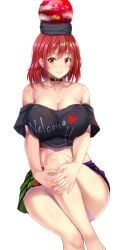 big_breasts breasts cleavage clothed ebi_193 hecatia_lapislazuli looking_at_viewer red_eyes red_hair smile touhou white_background