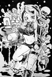 agent_8_(splatoon) belly_button big_breasts black_and_white black_panties bracelet crop_top cute dokudami_so_(artist) embarrassed exposed_midriff gun holding_skirt holding_skirt_down knee_boots large_breasts leather_clothing manga manga_style microskirt midriff miniskirt nintendo octoling octoling_girl panties_visible_under_skirt sleeveless_jacket splatoon splatoon_2 splatoon_2:_octo_expansion tagme tagme_(artist) thigh_strap upskirt weapon