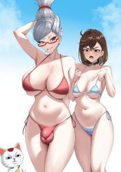 2girls absurdres adult_and_teenager age_difference ayase_momo ayase_seiko beehive_hairdo bikini black_choker blue_bikini blue_sky breasts brown_eyes brown_hair bulge choker cigarette cloud covered_testicles dandadan futanari grandmother_and_granddaughter grey_hair highleg highleg_bikini highres huge_breasts large_breasts long_hair micro_bikini multiple_girls navel no_humans red_bikini side-tie_bikini_bottom skindentation sky stomach string_bikini swimsuit tall_hair testicles turbo_granny underboob wujack