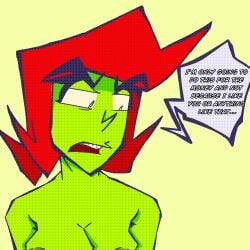 breasts different_colored_nipples dynamite_annie first_time green_nipples green_skin off_screen_character red_hair secretly_loves_it