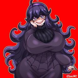 1girls ahoge artist_name big_breasts breasts clothed_female creepy_smile hex_maniac light-skinned_female long_hair pokemon pokemon_xy purple_eyes purple_hair red_background seireiart solo solo_female watermark