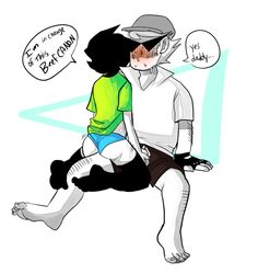 2boys age_difference ass black_hair blush body_hair bro_strider clothing dialogue fingerless_gloves gay handjob homestuck john_egbert male_only ms_paint_adventures penis short_hair sitting_on_lap small_dom_big_sub speech_bubble sunglasses sweat text white_background white_hair white_skin zillyhookah