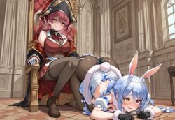 2girls ai_generated ass ass_up blue_hair blush caressing_ass heavy_breathing heterochromia hololive hololive_fantasy hololive_japan houshou_marine in_heat jouthechou more_at_source petting pirate_hat rabbit_ears rabbit_girl red_hair top-down_bottom-up usada_pekora virtual_youtuber yuri