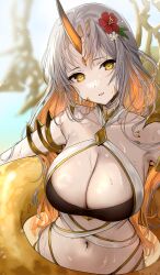 1girls alternate_costume bikini black_bikini black_swimsuit blonde_hair blurry blurry_background breasts cleavage colored_inner_hair female female female_only fire_emblem fire_emblem_heroes flower grey_hair gullveig_(fire_emblem) gullveig_(summer)_(fire_emblem) hair_flower hair_ornament haru_(nakajou-28) head_tilt highres horns innertube jewelry large_breasts long_hair looking_at_viewer multicolored_hair navel nintendo official_alternate_costume parted_bangs red_flower single_horn solo stomach swim_ring swimsuit two-tone_hair very_long_hair wet yellow_eyes yellow_horns