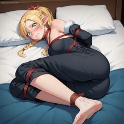 1girls ai_generated ankles bare_shoulders barefoot bedroom bereft blonde_hair blush bondage clothed collar dark_clothing delicious_in_dungeon dungeon_meshi elf embarrassed feet female female_only green_eyes half_elf laying_on_bed laying_on_side looking_at_viewer marcille_donato on_bed on_side pet_collar pointy_ears restrained rope rope_bondage scared solo stable_diffusion teeth tied_up twin_braids white_pupils