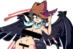 1girls 2020 big_breasts cartoony censor_bar censored cowboy_hat hair_over_one_eye hourglass_figure kevinarthurls kurokoma_saki large_breasts naked nipples scarf smiling solo_female touhou wings