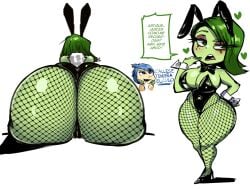 2girls ass_focus blush bunnysuit dialogue digital_drawing_(artwork) disgust_(inside_out) disgusted female green_body green_hair green_skin heart huge_breasts joy_(inside_out) jpeg makeup pixar pov showing_ass simple_background spanish_text tanunuki text thick_thighs thighs