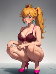 ai_generated blonde blonde_female blonde_hair earrings high_heels lace_bra lace_panties mario_(series) pink_high_heels pink_panties ponytail princess_peach realistic_proportions royalty squat squatting underwear