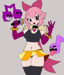 1female big_kan black_legwear black_topwear blush brawl_stars female gloves gray_background hair_ribbon jpeg korean_female melodie_(brawl_stars) microphone pink_hair purple_armwear solo_female studded_bracelet surprised_expression thighs yellow_skirt