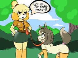 1boy 1girls 2017 animal_crossing anthro ass breasts canine chastity chastity_cage clothed clothing digital_media_(artwork) domination eyeshadow female femboy femboy_on_female femboysub femdom fur girly hair homophobic_slur humiliation isabelle_(animal_crossing) leash legwear makeup male malesub mammal mascara nintendo penis percey percey_(character) sissy slur straight submissive thighhighs tongue video_games yellow_fur