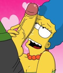 1boy 1girls blue_hair cheating cheating_wife clothing cock_hungry duo erection female female_focus heart human looking_up male male/female marge_simpson necklace ned_flanders open_mouth penis penis_on_face straight the_simpsons unknown_artist veiny_penis yellow_body yellow_skin