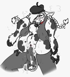 anthro balls bell_collar beret blush bovine braided_hair breasts cattle collar cum cum_in_pussy cum_inside dairy_air eyelashes faceless_male female full_nelson hair hat hijackerdraws hijackerdraws_(artist) lactation male male_penetrating mammal mascot nipples penetration penis sex straight sweat vaginal_penetration