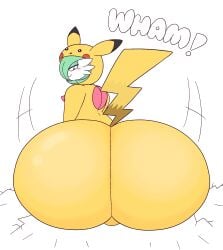 1boy 1femboy 2024 anthro anthro_only big_ass big_butt blank_background blush color cracks crushing drawful-s femboy femboydom game_freak gardevoir hood_up humanoid looking_down male male_only massive_butt movement_lines nintendo no_humans non-human non-human_only onesie onomatopoeia part_of_a_set pikachu_(cosplay) pokemon pokemon_(species) slight_blush smiling