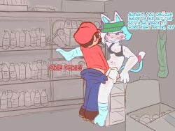 1girl1boy 1girls 2d 2d_(artwork) 4:3 against_wall anthro anthro_on_human apron background barista blue_hair blue_socks blush bow bra brown cartoony cat_ears cat_humanoid cat_tail clothing color commission eye_contact feet feline female fur furry glitch_productions gloves grabbing hair happy hat human karen_(smg4) leg_up mario mario_(series) medium_breasts messy_hair nintendo no_panties no_pants no_shirt overalls pink_nose potato_dealer sex short_hair sitting smg4 smile socks squint standing storage_room talking text vaginal_penetration white_fur white_hair