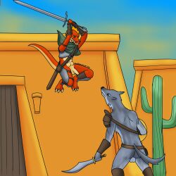 anthro armor battle bracers canid canine canis cloak clothing duo fight fighting_pose fyreblazes greaves hi_res jumping kobold male male/male mammal melee_weapon nude pauldron pose scalie sword weapon wolf zaw(fyreblazes)