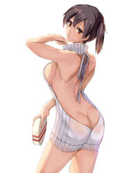 1girls alternate_costume arm armadillo-tokage ass ass_cleavage asymmetrical_hair back backless_outfit bare_arms bare_back bare_legs black_hair blush box breasts brown_eyes brown_hair butt_crack cowboy_shot dress female gift gift_box halterneck holding_gift kaga_(kantai_collection) kantai_collection large_breasts looking_at_viewer looking_back meme_attire naked_sweater no_bra nopan one_arm_up open-back_dress parted_lips ponytail posterior_cleavage ribbed_sweater satou_daiji short_hair side_ponytail sideboob simple_background solo standing sweat sweater sweater_dress turtleneck turtleneck_sweater virgin_killer_sweater white_background