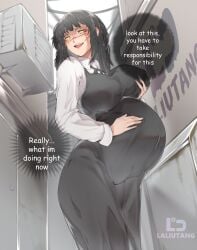 1girls belly big_belly big_breasts black_hair breasts chainsaw_man dialogue female fetal_movement grabbing_own_breast huge_breasts laliutang mitaka_asa nipple_bulge pregnant scar solo take_responsibility text thick_thighs yoru_(chainsaw_man)