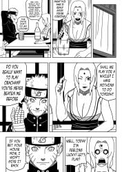 1boy 1girls annoyed beer bet big_breasts black_and_white bottle breasts busty cleavage clenched_hand clenched_teeth comic dice english_text female huge_breasts indoors jacket kimono male male/female mature mature_female milf monochrome mug naruto naruto:_the_last naruto_(series) naruto_shippuden ninrubio oppai sake sitting speech_bubble story table text translated tsunade uzumaki_naruto voluptuous voluptuous_female