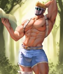 abs bara biceps blonde_hair bulge clothing male male_nipples male_only mask masked masked_male muscular_male nipples pecs rekkinj silvyspark tight_clothing