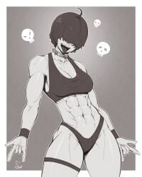 1girls 2d 2d_(artwork) abs ahoge athletic athletic_bikini athletic_female bangs_over_eyes bare_arms bare_legs bare_shoulders bare_thighs big_breasts black_and_white black_hair blinding_bangs breasts cleavage clothed clothing collar collarbone covered_eyes female female_focus female_only fit_female greyscale hair_covering_eyes hi_res highres large_breasts light-skinned_female light_skin looking_at_viewer midriff monochrome muscles muscular muscular_arms muscular_female muscular_legs muscular_thighs navel oc open_mouth original original_character pose posing short_hair simple_background skull solo solo_female speedl00ver spiked_collar sports_bra standing tagme thick_thighs thigh_strap tomboy toned toned_female toned_stomach tongue tongue_out white_border wristband