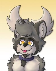 anthro antlers beard blep bright_eyes chest_tuft collar deer eyebrows facial_hair fur grey_beard grey_body grey_ears grey_eyebrows grey_facial_hair grey_fur grey_hair hair hi_res inner_ear_fluff luster_(lusterflix) male mammal moose multicolored_background multicolored_body multicolored_fur muscular muscular_anthro muscular_male new_world_deer pecs procyonid raccoon rjquaty simple_background solo tongue tongue_out tuft white_background yellow_background yellow_eyes