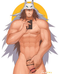 1boy abs bar_censor bara brown_hair camera dungeon_and_fighter dungeon_fighter_online erection facial_hair green_eyes male_focus male_only muscle naughty_face nipples nude penis phone presenting simple_background slayer_(dungeon_and_fighter) solo solo_male spiked_hair tagme tongue tongue_out white_background