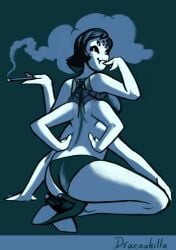 anthro arachnid arthropod ass bikini butt_focus cigar clothing dracozhilla female footwear hands_on_hips hi_res high_heels humanoid looking_at_viewer looking_back muffet smoke smoking smug solo spider swimwear two-piece_swimsuit undertale undertale_(series)