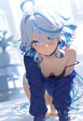 ai_generated all_fours blue_eyes blue_hair bra breasts cleavage down_blouse female female_only furina_(genshin_impact) genshin_impact heterochromia nails seductive seductive_look small_breasts stable_diffusion strap_slip