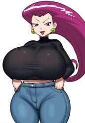 ai_generated big_breasts gigantic_ass gigantic_breasts grey_impact_(style) huge_breasts jeans jessie_(pokemon) large_breasts lubbasdump magenta_hair midriff pokemon smug team_rocket