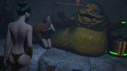 2girls 3d alexbridger bib_fortuna green_hair hair_bun harem harem_girl harem_outfit hutt jabba&#039;s_palace jabba_the_hutt licking_tail minna_star_wars rear_view slave slave_outfit slavegirl star_wars tongue_out topless twi&#039;lek