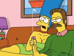 1boy 1girls blue_hair breasts brown_hair cheating cheating_wife cleavage couch cum cumshot duo ejaculation erection female glasses human indoors living_room looking_at_cum male male/female marge_simpson moustache ned_flanders no_pants open_mouth penis straight surprised surprised_expression the_simpsons unknown_artist yellow_body yellow_skin
