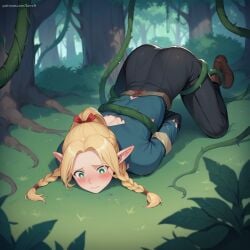 ai_generated ass ass_up bereft black_pants blonde_hair blue_shirt blush bondage bound bound_by_tentacles bow clothed delicious_in_dungeon dungeon_meshi elf embarrassed forest green_eyes half_elf laying_down looking_down marcille_donato on_knees pointy_ears restrained ripped_clothing stable_diffusion tendrils tentacle top-down_bottom-up torn_clothes twin_braids vines white_pupils