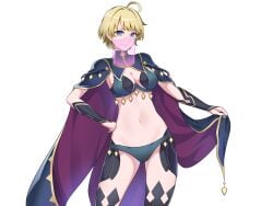 1girls absurdres ahoge alternate_costume bay_skecth black_bridal_gauntlets blonde_hair blue_cape blue_eyes blue_nails blue_panties breasts bridal_gauntlets cape commission cosplay dark_mage_(fire_emblem_fates) female female_only fire_emblem fire_emblem_engage fire_emblem_fates high-waist_sideboob highres looking_at_viewer medium_breasts merrin_(fire_emblem) messy_hair mouth_veil nail_polish nintendo non-web_source nyx_(fire_emblem) nyx_(fire_emblem)_(cosplay) panties revealing_clothes see-through short_hair smile solo thighhighs transparent_background underwear veil