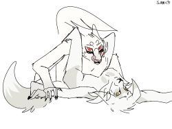 2boys allieboy anthro anthro_on_anthro anthro_penetrated anthropomorphic beastars black_nails furry furry_only grey_fur heart-shaped_pupils licking licking_lips looking_at_viewer looking_pleasured missionary missionary_anal missionary_pose missionary_position missionary_sex missionary_style oc original_character red_eyes scars shirotabi_(allieboy) white_fur wolf wolves yellow_eyes