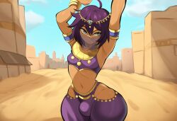 1boy ai_generated arabian arabian_clothes bulge femboy harem_outfit harem_pants huge_ass mouth_veil mullon novelai purple_hair solo thick_thighs town trap