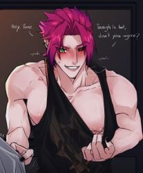 already_uploaded big_chest blush chest cleavage clothed clothing dialogue gay heartsteel_kayn heartsteel_series kayn league_of_legends looking_at_viewer male male_focus male_only male_tits multicolored_hair muscular muscular_male nipple_piercing nipples pecs pectorals pierced_nipples piercing pink_hair repost rhoi shirt shirt_lift showing_nipple smile smiling smiling_at_viewer solo solo_focus solo_male sweatdrop tank_top tank_top_lift yaoi