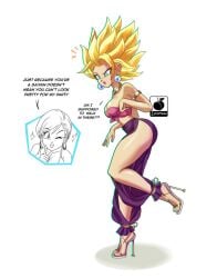 2girls armband bimbo blonde_hair blue_eyes breasts bulma_briefs caulifla crop_top dragon_ball dragon_ball_super earrings english_text high_heels large_breasts linkartoon midriff necklace pants pink_crop_top purple_pants side_slit spiky_hair text very_high_heels