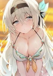 1girls :\ arms_at_sides bikini blush bottomless crotch female firefly_(honkai:_star_rail) honkai:_star_rail large_breasts large_head looking_at_viewer no_panties wet wet_skin