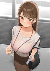 1girls big_breasts brown_eyes brown_hair lanyard long_hair office_lady ol-chan_(ol_mahonanoka) ol_mahonanoka original rain translucent_clothing wet wet_clothes