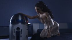 1girls 3d alexbridger astromech_droid barefoot bedroom brown_hair cleavage hand_on_head kneeling long_hair nightgown on_bed one_shoulder_exposed padme_amidala r2-d2 side_view sleepwear small_breasts star_wars ved