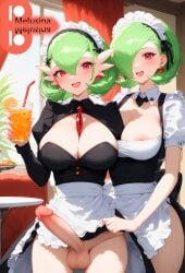 1futa 1girls ai_generated balls blush blush_lines blushing blushing_at_viewer blushing_futa couple couple_(romantic) drink earrings erect erect_nipple erect_nipples erect_nipples_under_clothes erect_penis erection erection_under_clothes exibitionism futa_sans_pussy futa_with_female futanari futanari_penetrated futanari_penetrating gardevoir green_hair happy happy_futa humanized imminent_selfcest large_breasts looking_at_another looking_at_viewer looking_back_at_viewer maid maid_cap maid_dress maid_headdress maid_outfit maid_uniform medium_hair melusina penis pokemon pokemon_(species) public public_exposure public_indecency public_nudity red_eyes restroom smile smile_at_viewer smiley_face smiling smiling_at_each_other smiling_at_partner smiling_at_viewer staring_at_viewer testicles