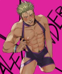 1boy abs blush bulge crotch grin male_focus muscle naughty_face presenting pretty_rhythm smile solo undressing yamato_alexander