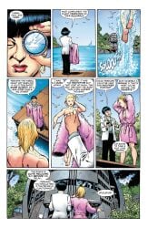 2d 2d_(artwork) 2d_artwork 2girls burned_clothing canonical_scene dc dc_comics english english_text female female_focus female_only kara_zor-l karen_starr multiple_girls naked naked_female official_art pink_robe power_girl public