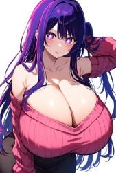 1st_to_die ai_generated alternate_breast_size blush breasts_bigger_than_head camisole gigantic_breasts hoshino_ai huge_breasts light-skinned_female light_skin long_hair looking_at_viewer massive_breasts oshi_no_ko purple_eyes purple_hair shounen_jump+ side_ponytail simple_background smiling solo_female star_eyes tongue_in_mouth voluptuous voluptuous_female