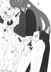 2girls acheron_(honkai:_star_rail) animal_ears apron black_suit black_swan_(honkai:_star_rail) blush breast_hold breasts cat_ears fingering hair_over_eyes heart heavy_breathing highres honkai:_star_rail honkai_(series) leaning_forward long_hair maid monochrome multiple_girls naruuuuuu9 nipples pussy_juice suit sweat twitter_username waist_apron white_apron white_background yuri