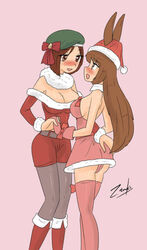 2girls bare_back belt boots breasts brown_eyes brown_hair cameltoe christmas christmas_hat christmas_outfit cleavage coco_adel faunus female_only multiple_girls panties pantyhose ribbon rwby thighhighs velvet_scarlatina zronku