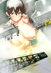 admiral_(kantai_collection) asymmetrical_hair bathing breasts brown_eyes brown_hair clock completely_nude crane digital_clock earrings eyebrows_visible_through_hair female female fingernails giantess gloves hair_between_eyes hand_in_hair hat heart_lock_(kantai_collection) high_resolution huge_breasts jacket jewelry kaga_(kantai_collection) kantai_collection looking_at_another military military_uniform nipples nude open_mouth pants partially_submerged ponytail pubic_hair side_ponytail takamura_wamu tied_hair uniform very_high_resolution viewed_from_above wamwam water white_gloves white_hat white_headwear white_jacket white_pants