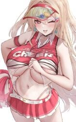 blush clay_(nikke) cooling_off cute_fang exhausted female goddess_of_victory:_nikke huge_breasts one_eye_closed skin_fang sweat underboob very_sweaty
