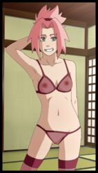 areolae breasts dracerxn female front_view green_eyes lingerie naruto naruto_shippuden nipples pink_hair pose pussy sakura_haruno smile solo tights transparent_clothing